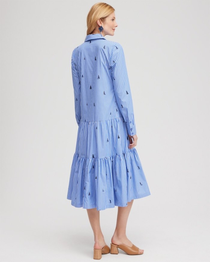 Chicos Poplin Tiered Stripe Shirt Dress - Wisteria Blue