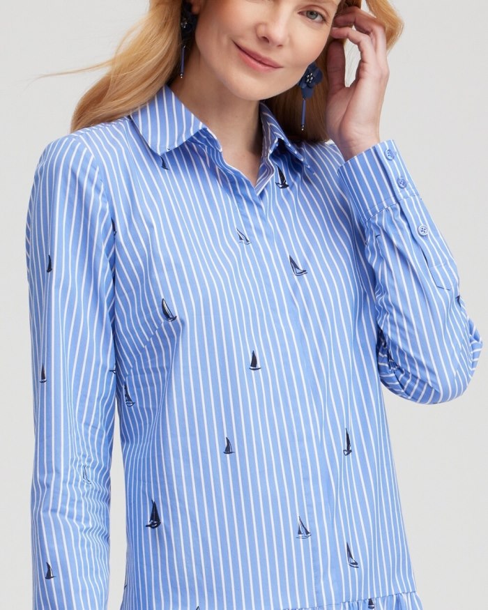 Chicos Poplin Tiered Stripe Shirt Dress - Wisteria Blue