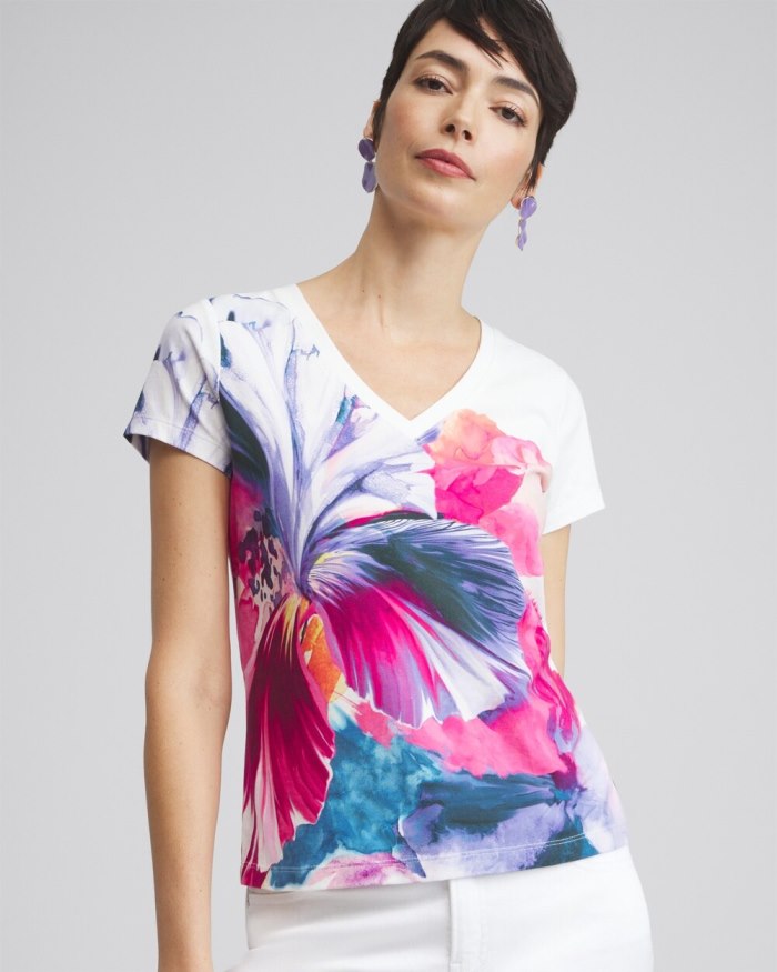 Chicos Floral V-neck Perfect Tee - Alabaster