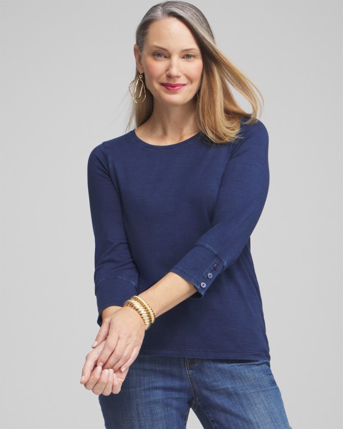 Chicos Faux Denim 3/4 Sleeve Button Tee - Riviera Authentic