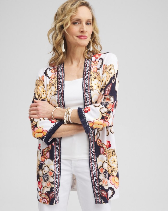 Chicos Linen Blend Floral Fringe Cardigan - Classic Navy