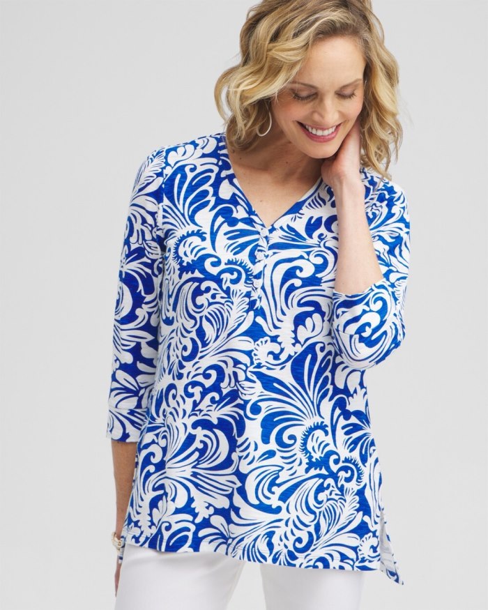 Chicos Scrolls Henley Side Slit Tunic - Intense Azure