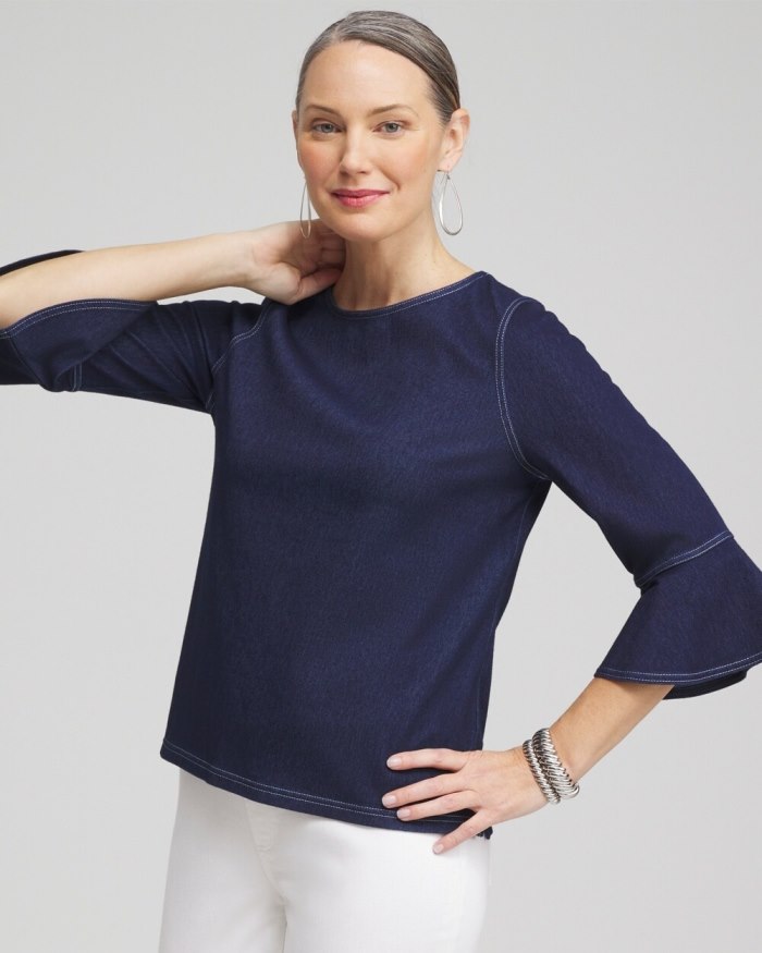 Chicos Faux Denim Trumpet Sleeve Top - Dark Denim