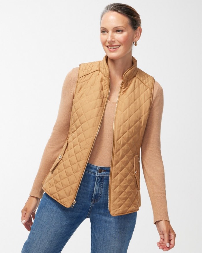 Chicos Rib Trim Quilted Vest - Camel