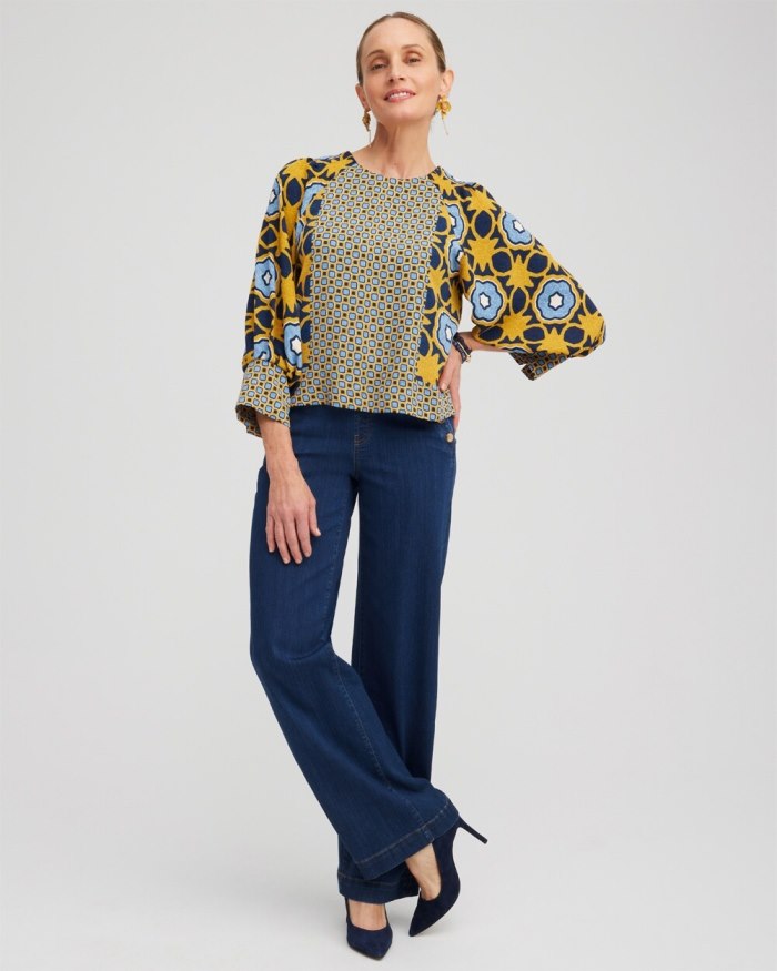 Chicos Geometric Print Pintuck Top - Blue Echo