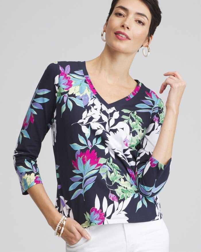 Chicos Floral 3/4 Sleeve Perfect Tee - Classic Navy