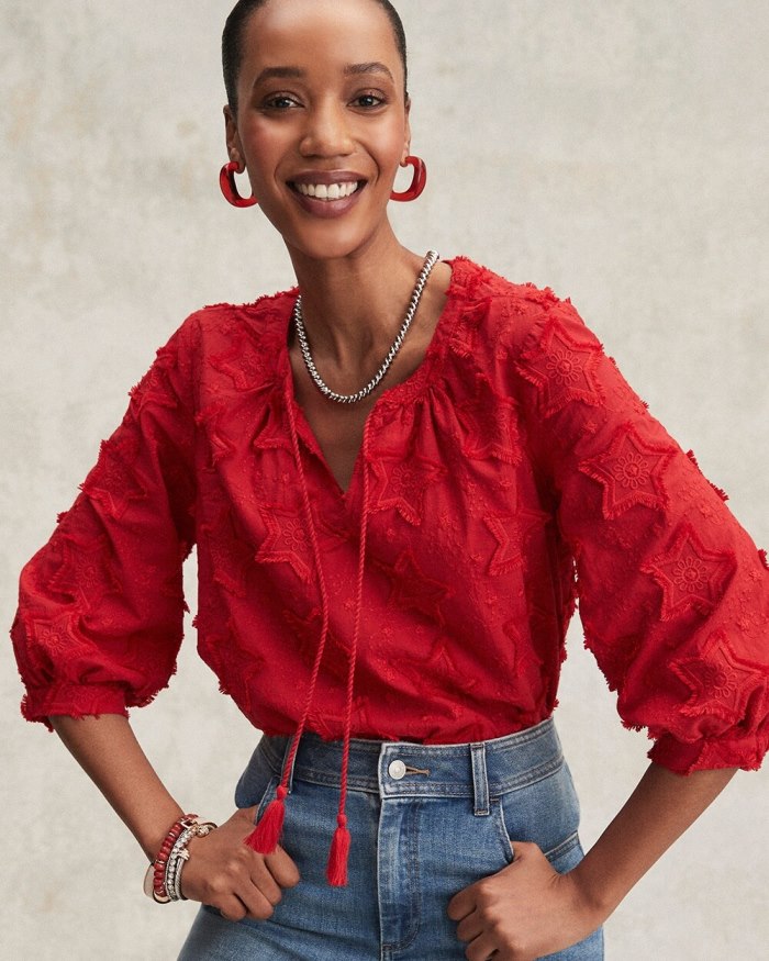 Chicos Embroidered Stars Peasant Top - MADEIRA RED