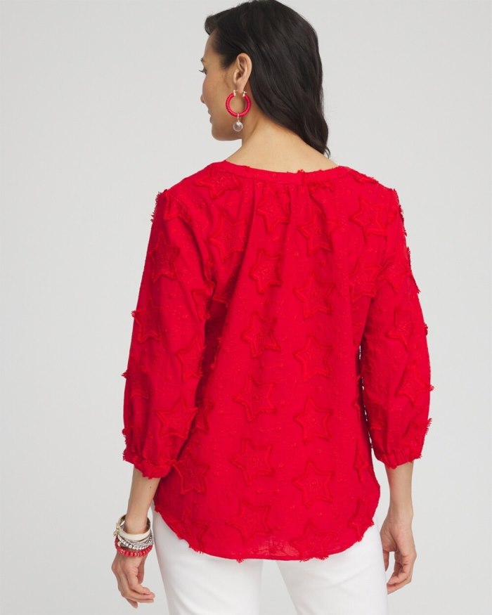 Chicos Embroidered Stars Peasant Top - MADEIRA RED