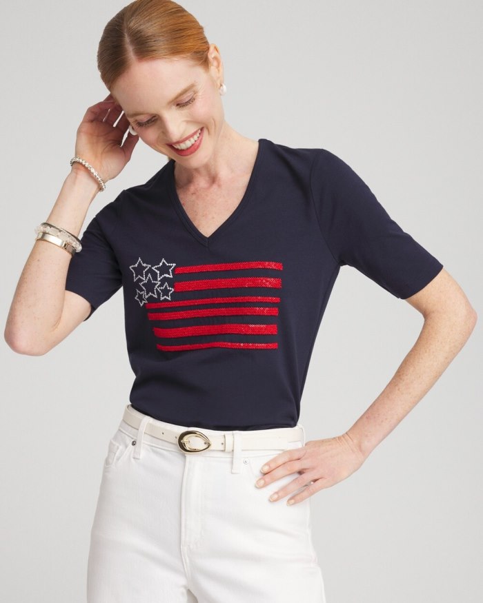 Chicos Embellished Flag Tee - Classic Navy