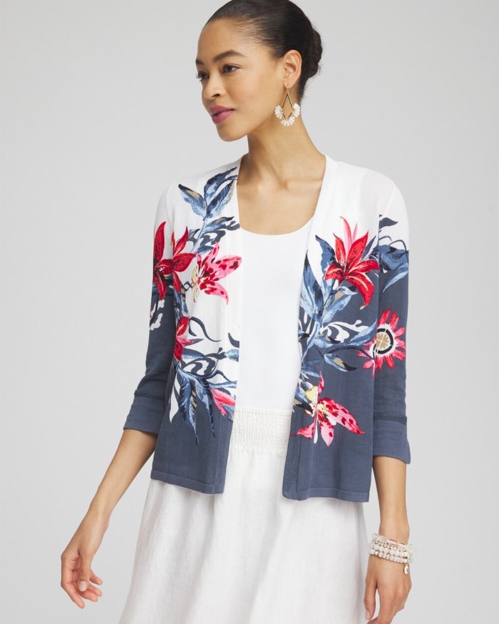 Chicos Summer Romance Floral Short Cardigan - PINK ANIMA