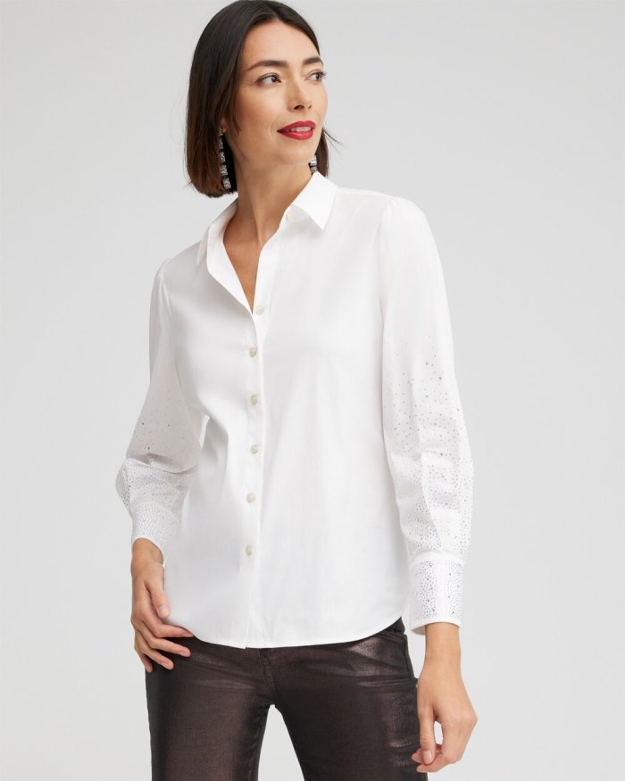 Chicos Poplin Embellished Sleeve Shirt - Alabaster