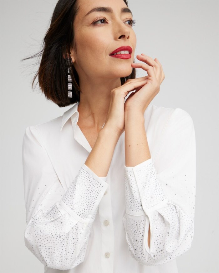 Chicos Poplin Embellished Sleeve Shirt - Alabaster