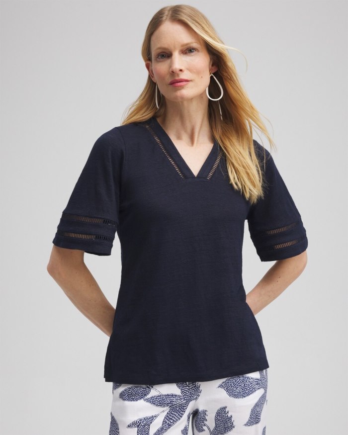 Chicos Linen Ladder Lace Tee - Classic Navy