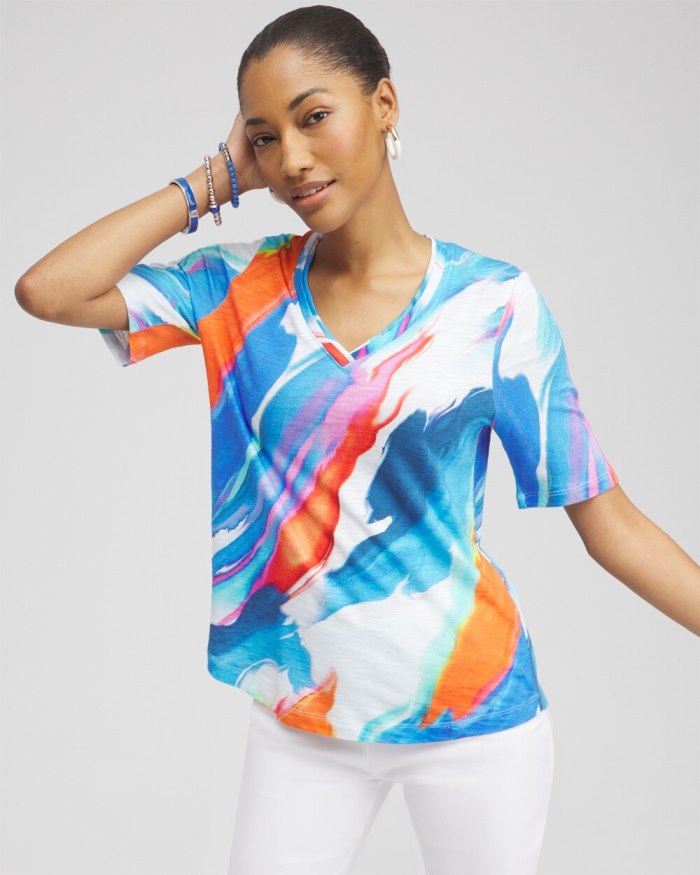 Chicos Abstract Elbow Sleeve A-line Tee - Intense Azure