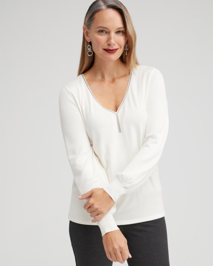 Chicos Caviar Trim V-Neck Pullover Sweater - Ecru