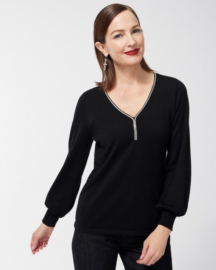 Chicos Caviar Trim V-Neck Pullover Sweater - Ecru