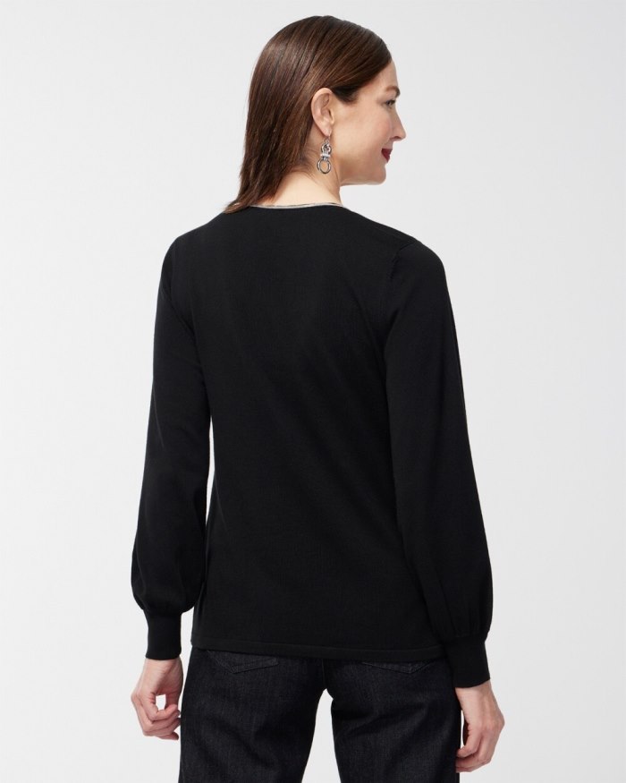 Chicos Caviar Trim V-Neck Pullover Sweater - Ecru