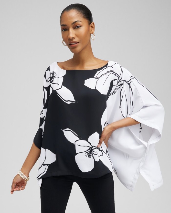 Chicos Black and White Floral Poncho - Black/White