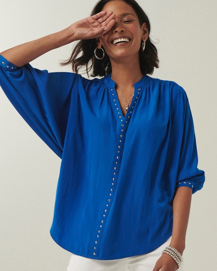 Chicos Stud Trim Top - Intense Azure