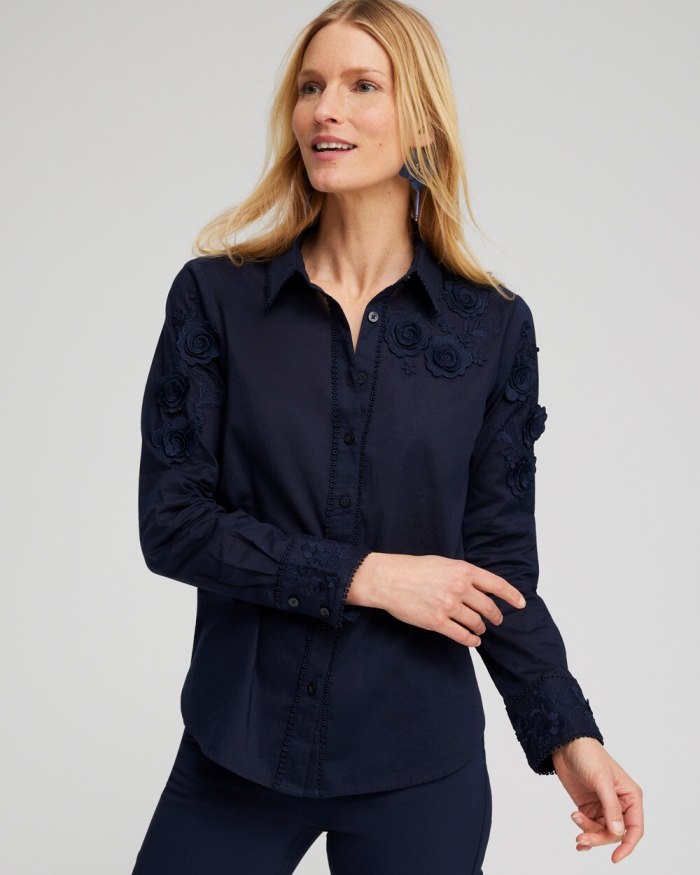 Chicos Floral Applique Blouse - Classic Navy