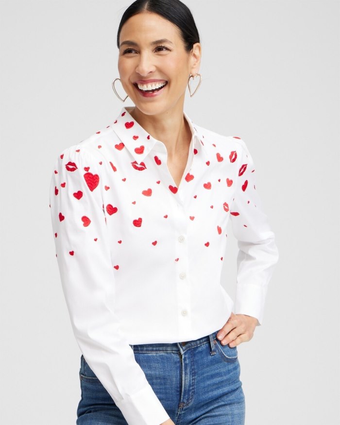 Chicos Embroidered Hearts Shirt - Alabaster