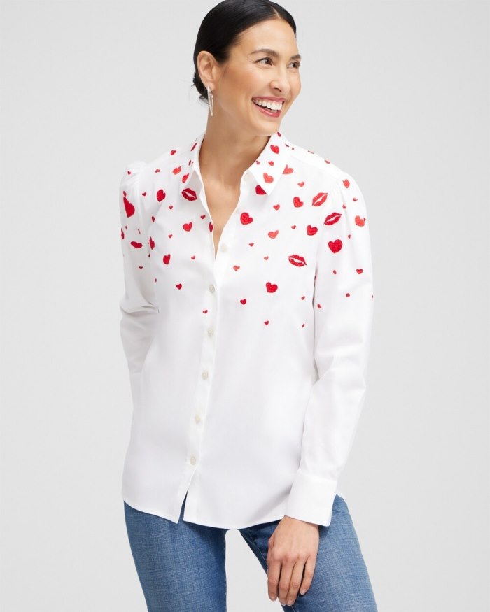 Chicos Embroidered Hearts Shirt - Alabaster