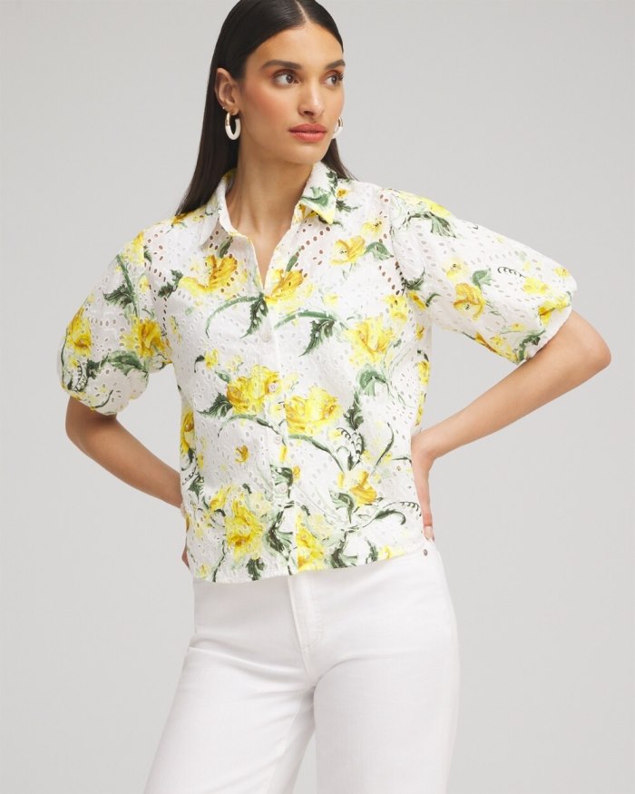 Chicos Floral Eyelet Shirt - Lemon Blossom