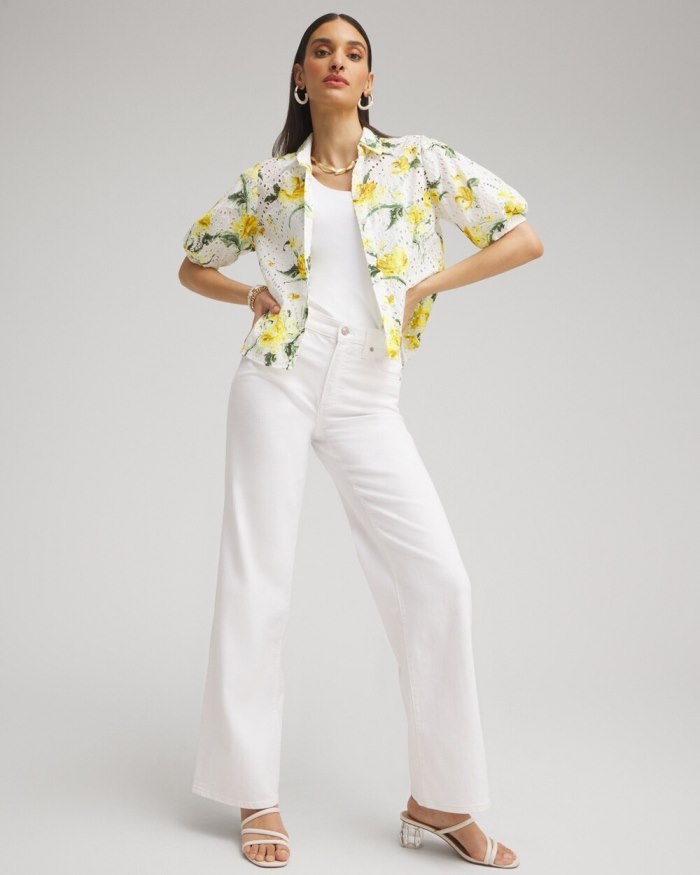 Chicos Floral Eyelet Shirt - Lemon Blossom