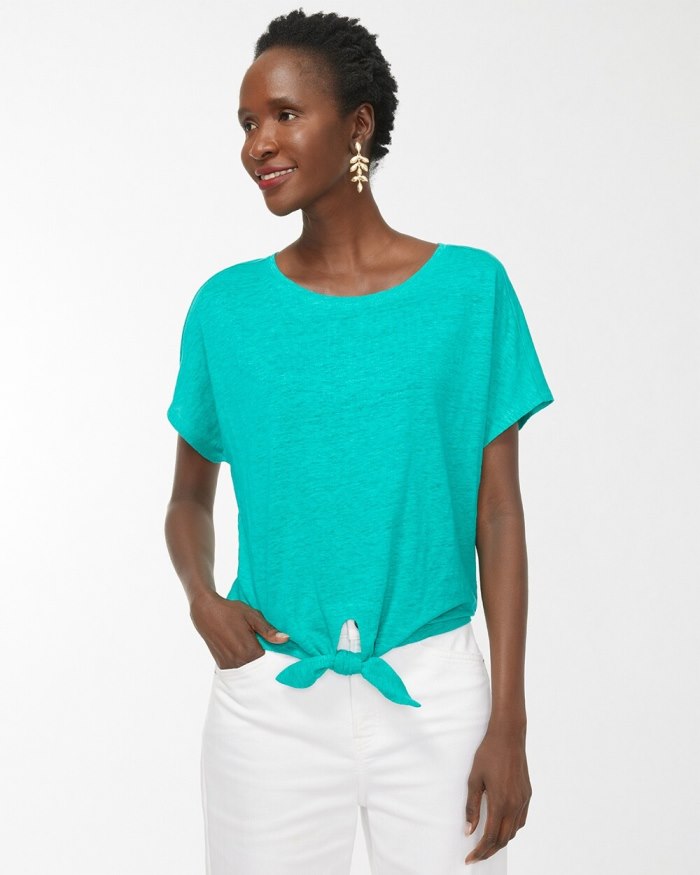 Chicos Linen Tie Front Tee - Tropical Jade