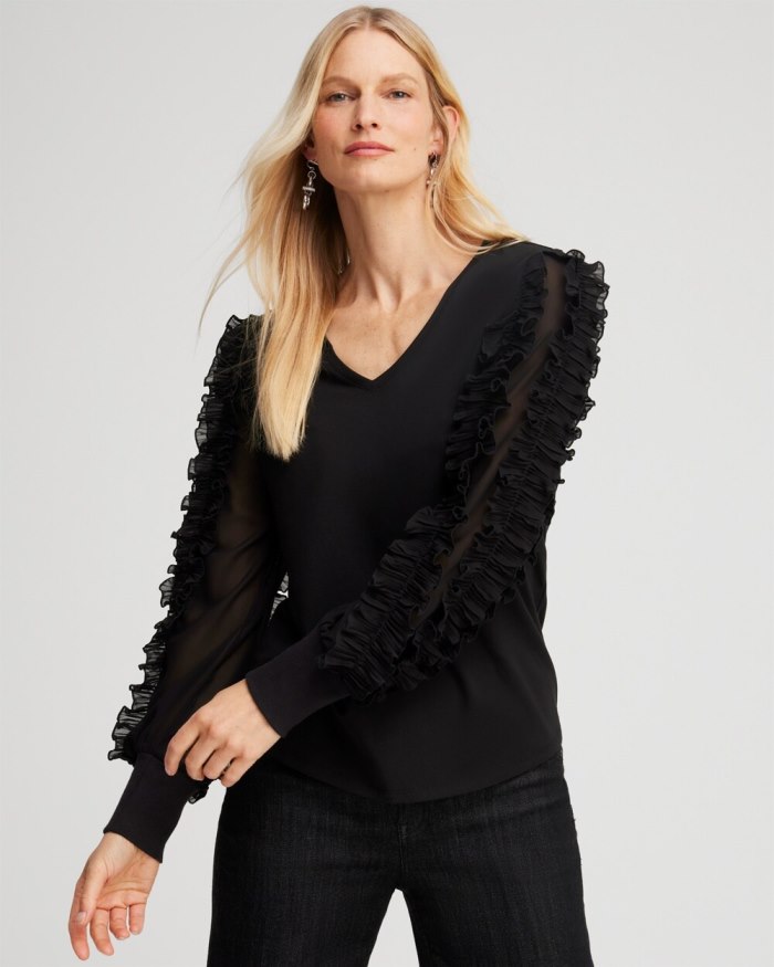 Chicos Chiffon Pleat Sleeve Tee - Black