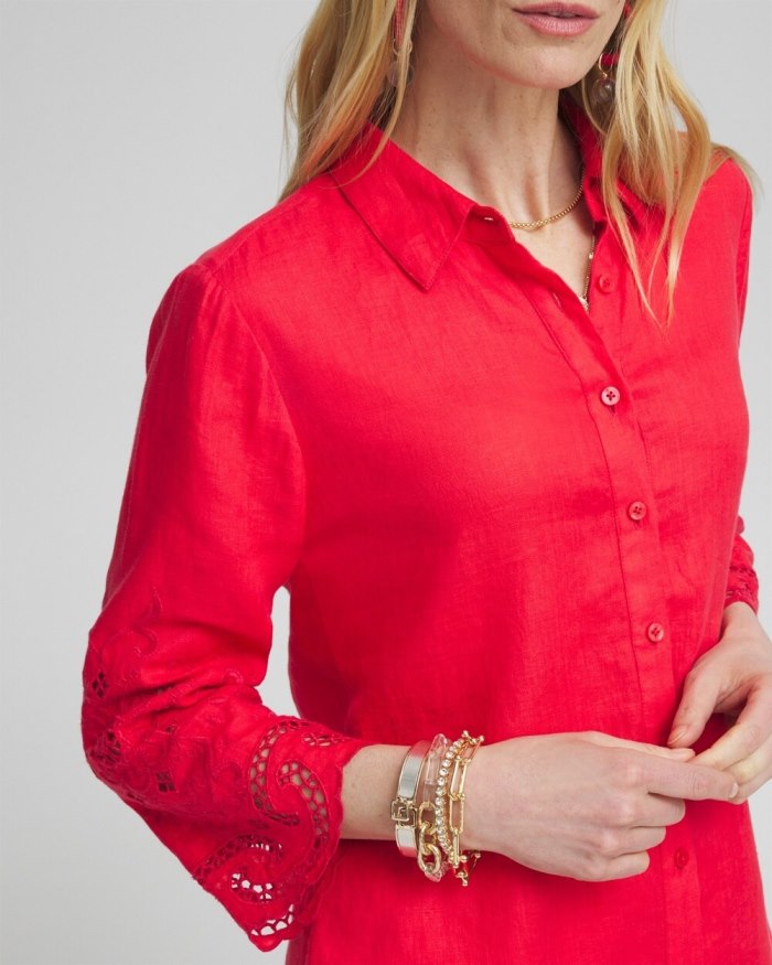 Chicos Linen Eyelet Sleeve Shirt - Watermelon Punch