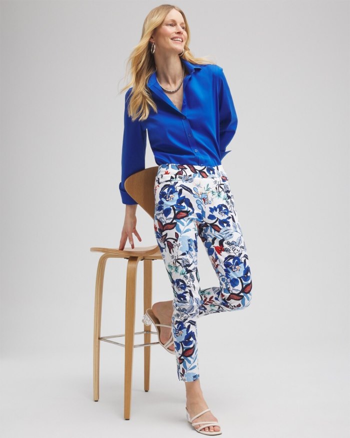 Chicos Brigitte Cool Floral Ankle Pants - Alabaster/Classic Navy