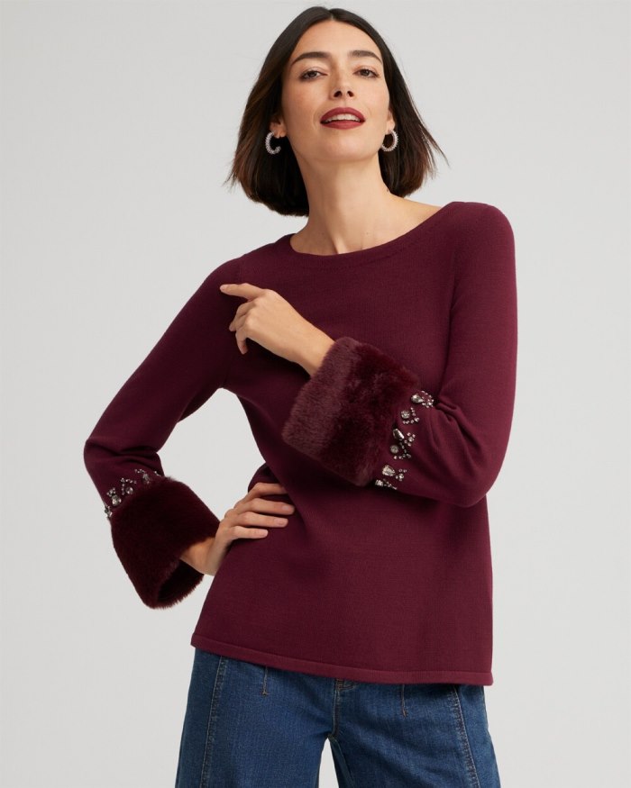 Chicos Faux Fur Trim Embellished Sweater - Deep Merlot