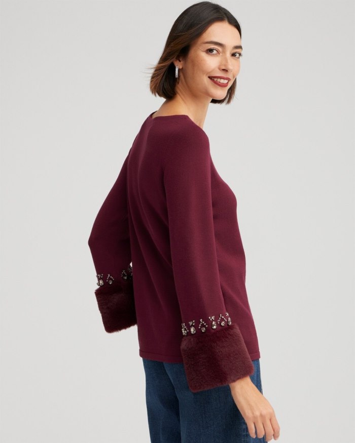 Chicos Faux Fur Trim Embellished Sweater - Deep Merlot