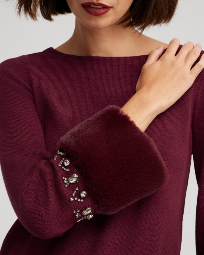 Chicos Faux Fur Trim Embellished Sweater - Deep Merlot