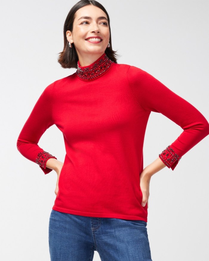 Chicos Embellished Floral Turtleneck - Wild Poppy