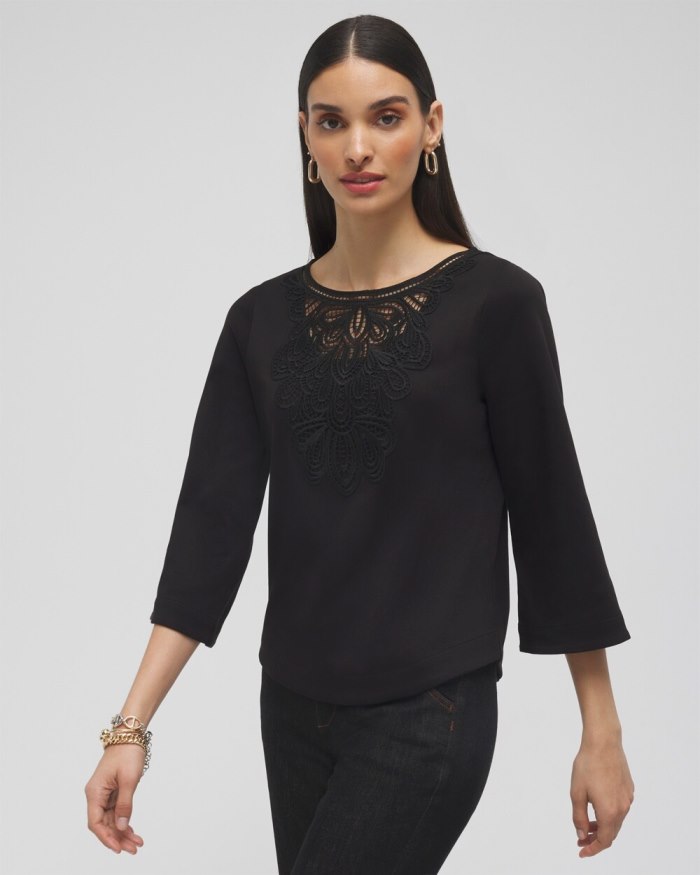 Chicos Lace Inset Top - Black