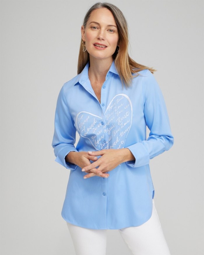 Chicos No Iron Stretch Embroidered Heart Shirt - Blue Veil