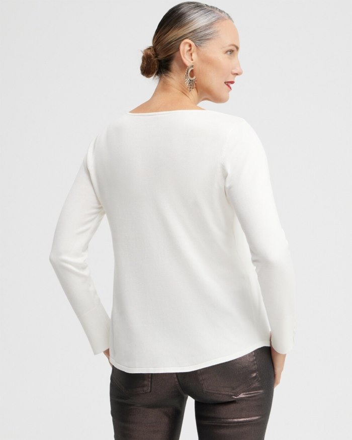 Chicos Button Cuff V-neck Pullover Sweater - Ecru