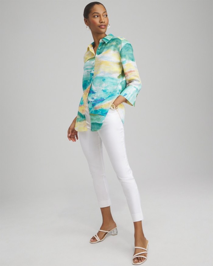 Chicos No Iron Linen Watercolor 3/4 Sleeve Shirt - Cool Water