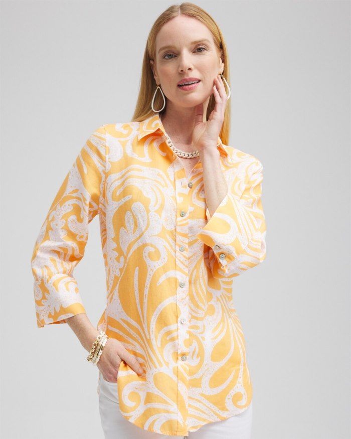 Chicos No Iron Linen Scroll 3/4 Sleeve Shirt - Mango Sorbet