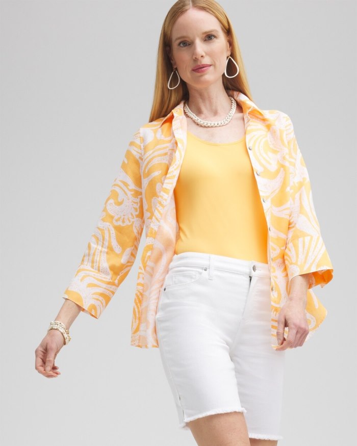 Chicos No Iron Linen Scroll 3/4 Sleeve Shirt - Mango Sorbet