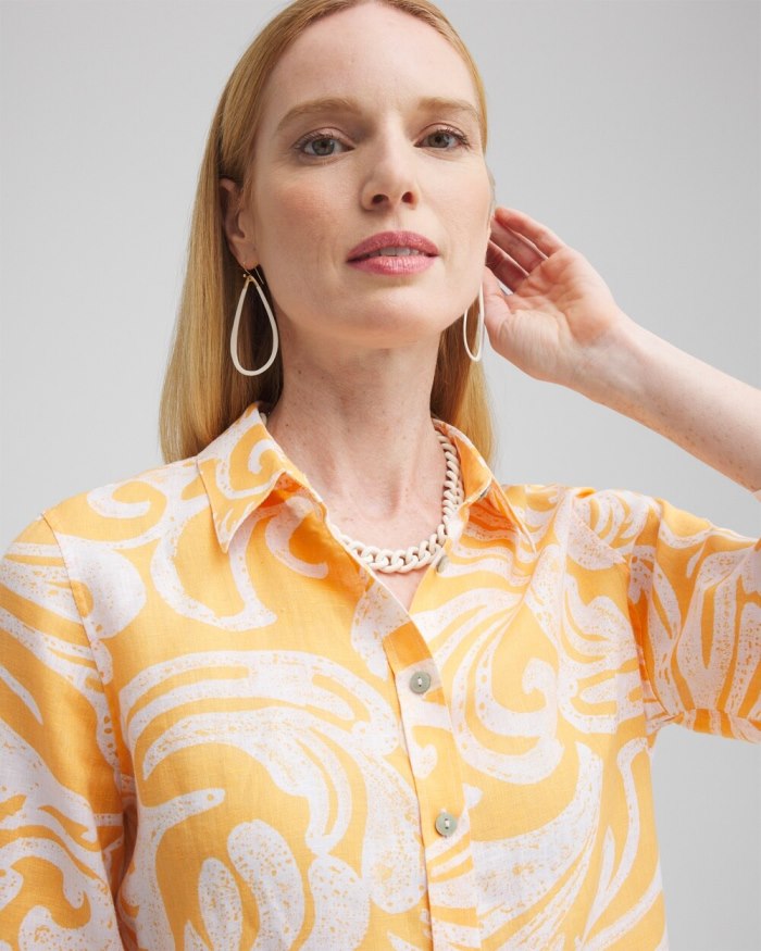 Chicos No Iron Linen Scroll 3/4 Sleeve Shirt - Mango Sorbet