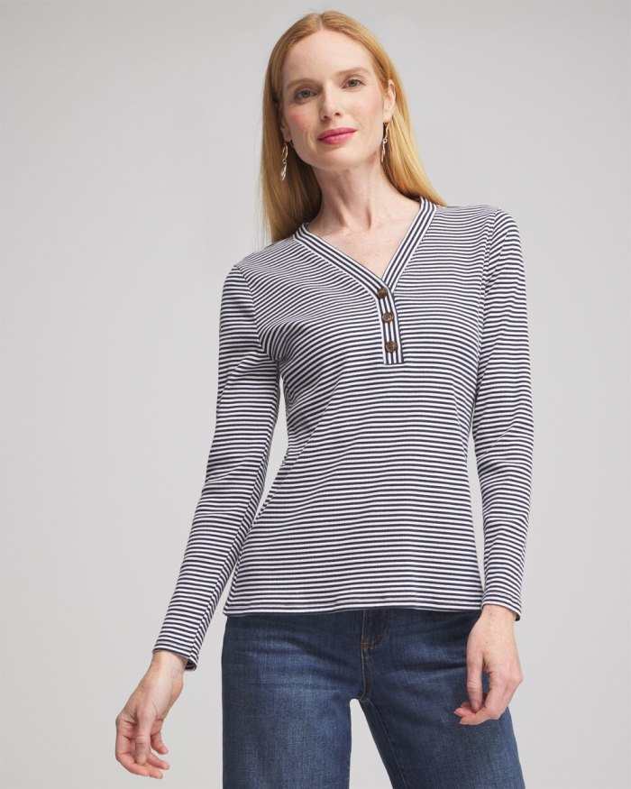 Chicos Stripe Ribbed Henley Tee - Classic Navy