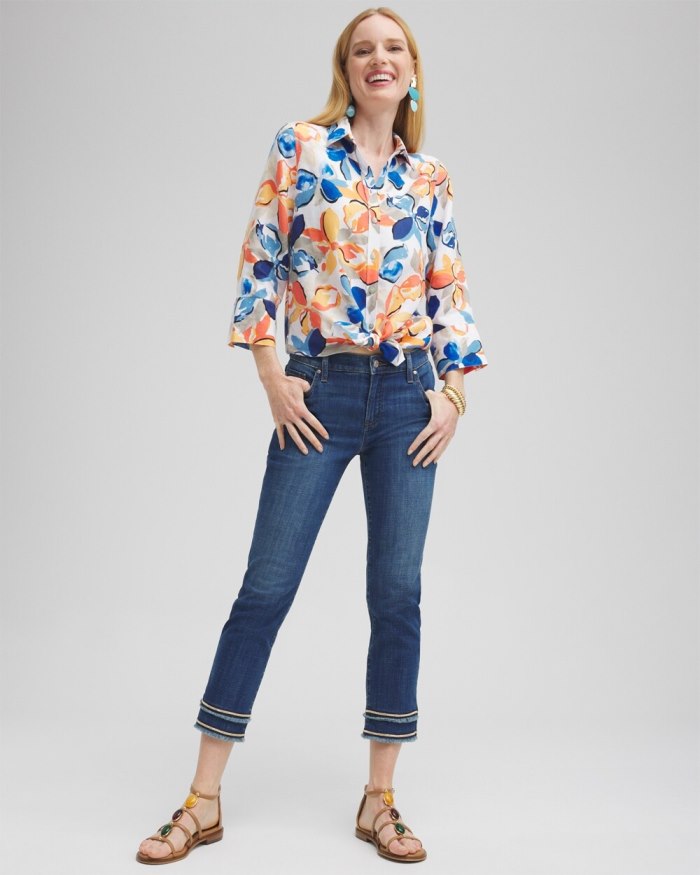 Chicos No Iron Linen Floral 3/4 Sleeve Shirt - Optic White