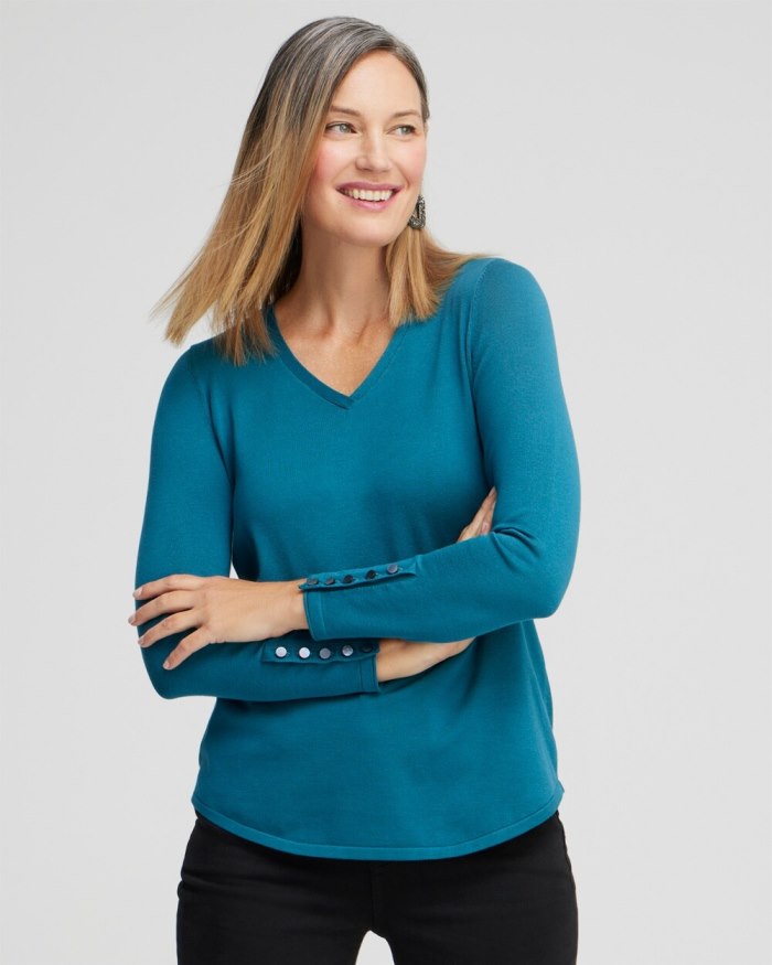 Chicos Spun Rayon V-neck Pullover Sweater - Moonlit Teal