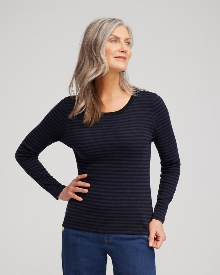 Chicos Stripe Ribbed Layering Tee - Classic Navy