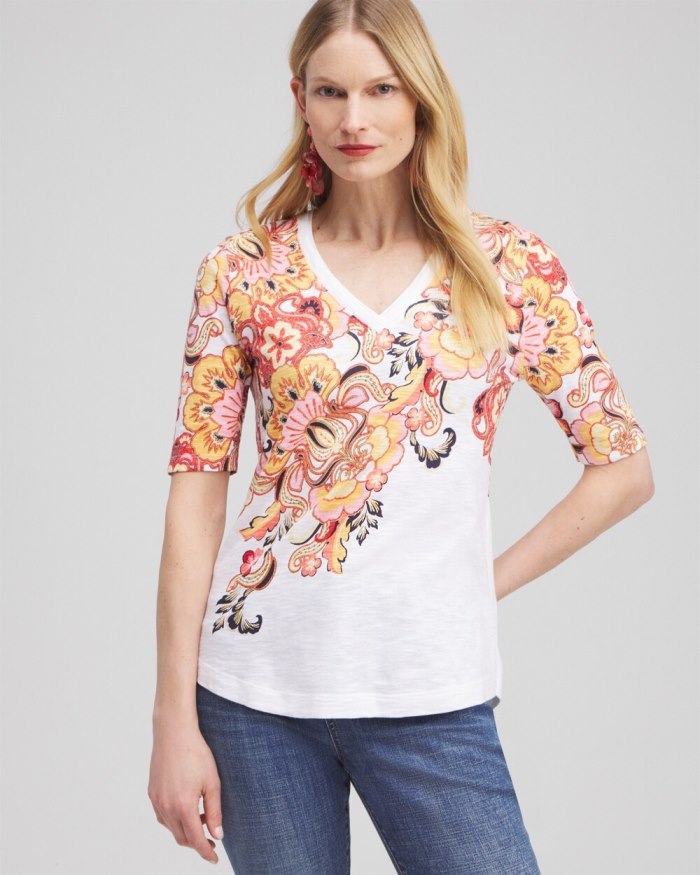 Chicos Floral Elbow Sleeve A-line Tee - Alabaster