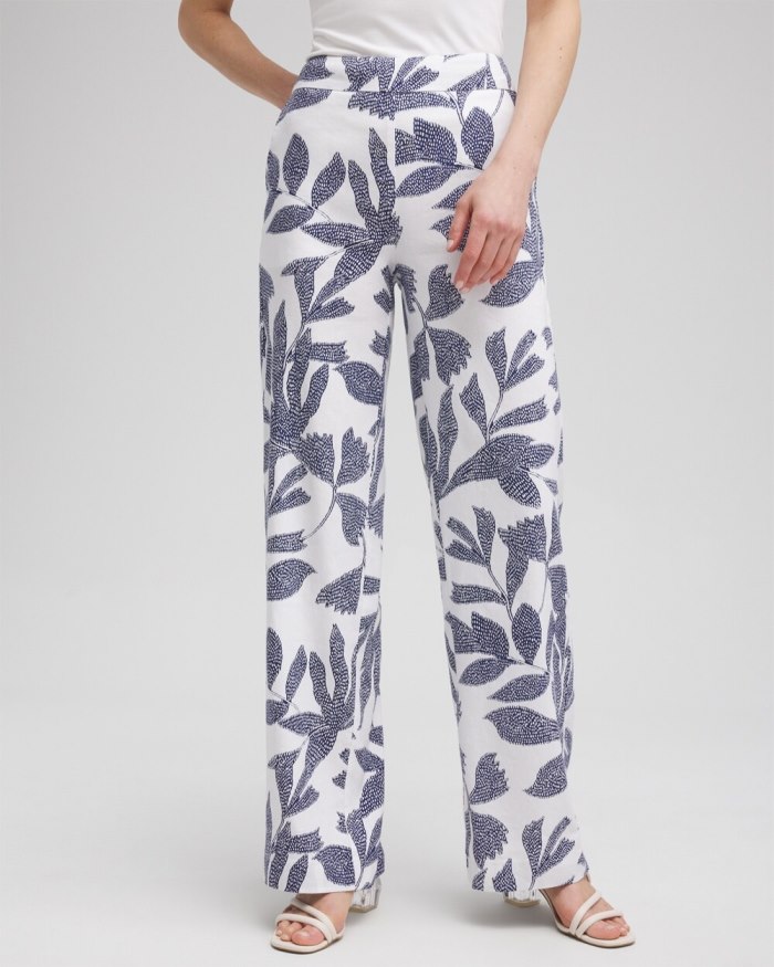 Chicos Linen Blend Leaf Print Pants - Alabaster/Evening Eclipse