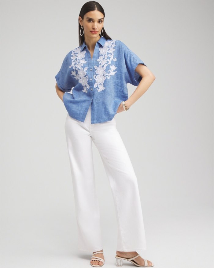 Chicos Linen Embroidered Applique Shirt - Indigo